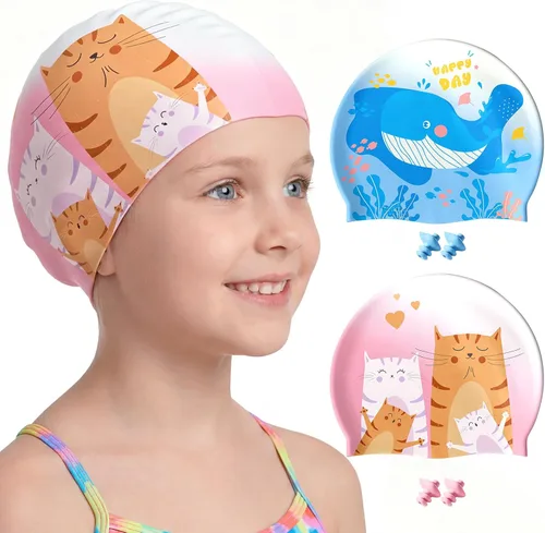 Miniatura 18 de Aegend Paquete de 2 gorros de natación para niñas y niños de 3 a 15 años, gorro de natación impermeable para niños, de silicona duradera