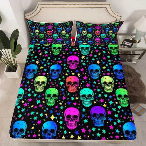 Miniatura 14 de Erosebridal Sábanas de calavera de azúcar, sábana bajera ajustable de Halloween, tamaño individual, ropa de cama de galaxia trippy morada, funda