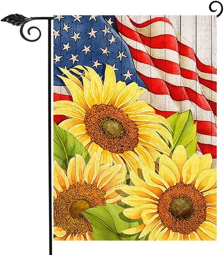 Hzppyz Bandera patriótica de jardín de primavera y verano con girasoles del 4 de julio, Día de los Caídos, decoración para exteriores de doble cara,
