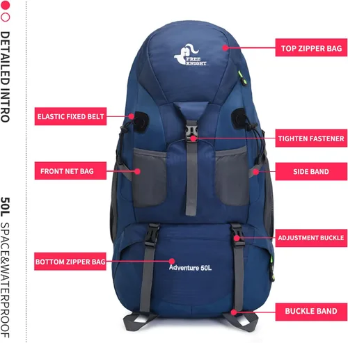 Miniatura 8 de Bseash Mochila de senderismo de 50 L, resistente al agua, ligera, mochila deportiva para deportes al aire libre, bolsa de viaje para camping, Azul