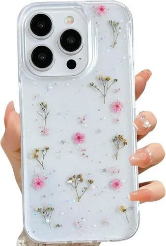 Miniatura 38 de LSEEKA Funda transparente para iPhone 13 Mini/iPhone 12 Mini con diseño de flores reales prensadas, con purpurina, bonito patrón floral blanco, Oro