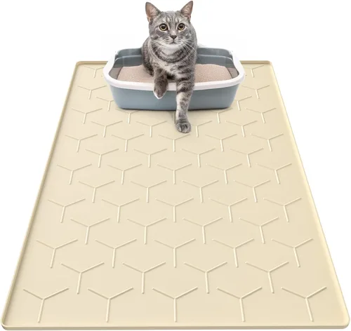 Garoopion Tapete de Silicona para Atrapar Arena para Gatos, Grande Impermeable 34" X 22" Tapete para Caja de Arena de Gatos, Fácil de Limpiar, Beige