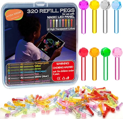 320 piezas de recarga de clavijas para Light Brite, clavijas brillantes con luz LED de 8 colores con excelente claridad, clavijas de juguete de