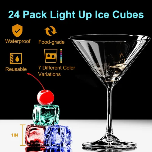 Miniatura 2 de 24 cubos de hielo impermeables con luz LED para bebidas que cambian de color, parpadean en la oscuridad, para bar, club, beber, fiesta, vino, boda