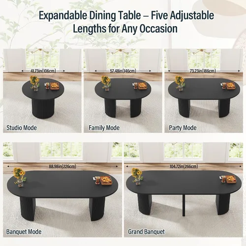 Miniatura 4 de weselon Mesa de comedor extensible de 42 a 105 pulgadas para 4 a 12, mesa de comedor ovalada expandible con base de pedestal estriada y pata