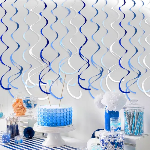 Miniatura 5 de 36 piezas de decoraciones de remolino colgante azul ombre, azul real blanco de fieltro, serpentina en espiral, guirnalda de techo para cumpleaños