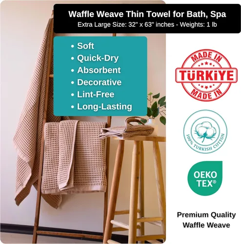 Miniatura 3 de PÜSKÜL - Paquete de 2 toallas de baño y spa de punto gofre, 100% algodón orgánico turco de alta calidad, fina de secado rápido, fabricadas en Beige