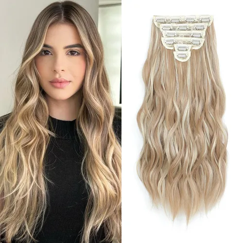Miniatura 26 de Fliace Extensiones de cabello con clip para mujer, extensiones de cabello ondulado largo de color marrón medio, extensiones de cabello sintético
