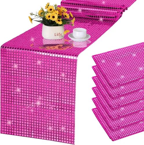 Miniatura 9 de Durony Paquete de 2 caminos de mesa disco de 11 x 108 pulgadas, espejo rosa intenso con laminado de purpurina y lentejuelas brillantes