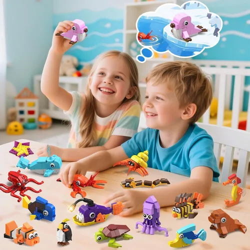 Miniatura 4 de Paquete de 30 recuerdos de fiesta de animales para niños, 824 piezas de juguetes de bloques de construcción de animales marinos para bolsas