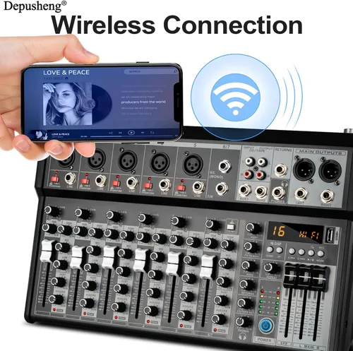 Miniatura 5 de Depusheng Mezclador de Audio Profesional, Interfaz de Audio de 7 Canales Sistema de Consola de Mezcla de Mesa de Sonido, Mezclador DJ DSP Bluetooth