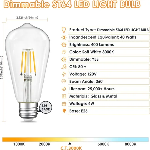 Miniatura 2 de Bombillas LED Edison regulables de 4 W (equivalente a 40 vatios), 400 lúmenes, blanco suave de 3000 K, bombillas LED con base ST64 E26, bombilla