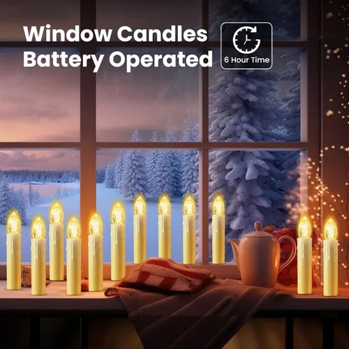 Miniatura 7 de JOSU Velas sin llama, 12 luces LED parpadeantes, funciona con pilas, con temporizador y clips remotos, velas cónicas de ventana blanca cálida