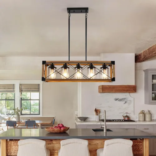Miniatura 5 de Lámparas colgantes rústicas de casa de campo, candelabros para comedor y cocina, accesorios de luz de isla de 5 luces, candelabro de madera sobre