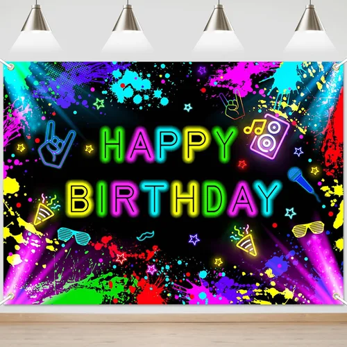 Miniatura 9 de Cartel de cumpleaños neón de 6 x 3.6 pies que brilla en la oscuridad, decoraciones de neón para fiesta de cumpleaños, fondo de fotografía