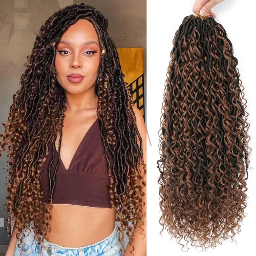 Miniatura 29 de 6 paquetes de cabello sintético rizado de Locs Crochet de 22 pulgadas, cabello de ganchillo estilo diosa, trenzas hippie sintéticas, extensiones