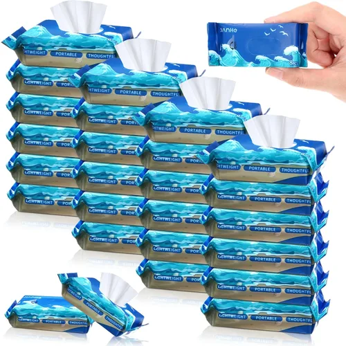 Threlaco Paquete de 24 Total 192 Pcs Toallitas Húmedas Biodegradables de Tamaño de Viaje Respetuosas con la Piel para Manos con Extractos Naturales