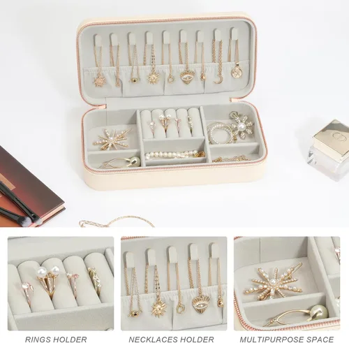 Miniatura 68 de Joyero pequeño, joyero de viaje portátil para mujer, mini organizador de viaje de 2 capas, regalo para mujeres y niñas, negro A