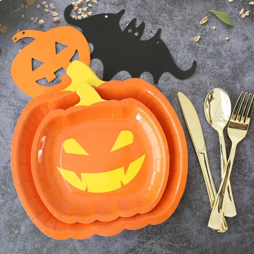 Miniatura 5 de Healifty 20 platos de calabaza de Halloween desechables para fiestas de otoño, lindos platos de diseño divertido para celebraciones de Halloween
