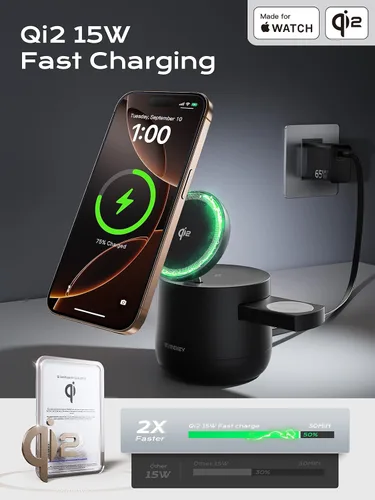 Miniatura 4 de THREEKEY Estación de carga inalámbrica magnética Qi2 4 en 1, cargador rápido de 15 W con módulo de carga hecho para Apple Watch, para iPhone 17-12
