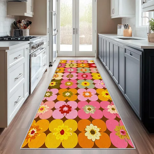 Miniatura 11 de Alfombra de pasillo de 2 x 4 pulgadas, tamaño pequeño, diseño floral retro de los años 70, antideslizante, lavable, alfombra de decoración del hogar