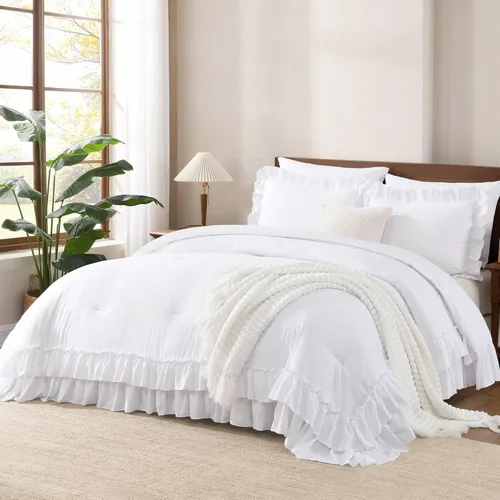 Andency Juego de edredón blanco California King, 3 piezas ligero y esponjoso de granja shabby chic juegos de ropa de cama edredón, microfibra suave