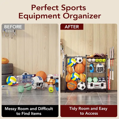 Miniatura 8 de Homsorout Garage Sports Equipment Organizer, Ball Storage for Gear and Toys, Large Capacity, Sports Organizer for Garage with Hooks and Baskets