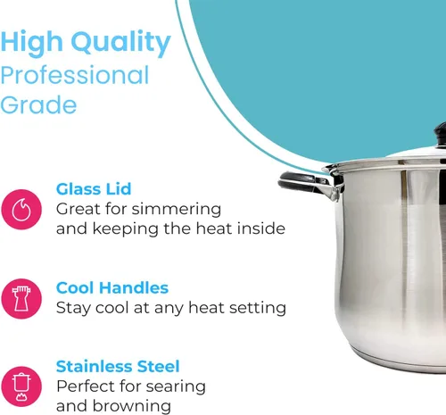 Miniatura 3 de Olla profesional de acero inoxidable para sopa, caldo y pasta con tapa de vidrio, base encapsulada, capacidad de inducción de gas, tamaño de 12