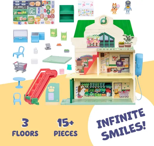 Miniatura 5 de Bluey Bluey - Juego de supermercado y bingo con escalera mecánica, juguetes de simulación para niños pequeños, sonidos y 15 piezas, juego de tienda