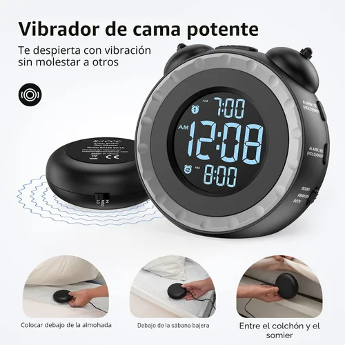 Miniatura 2 de uscce Reloj despertador fuerte dual con agitador de cama - Atenuador 0-100%, reloj despertador vibratorio para personas que duermen pesadas