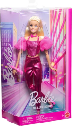 Miniatura 7 de Muñeca Barbie Deluxe Estilo #5 en atuendo rosa metálico, cabello rubio, corsé brillante y pantalones brillantes con accesorios como collar de rosas