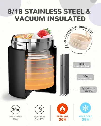 Miniatura 3 de Termo de Sopa de 10 oz para Comida Caliente para Niños, Frasco de Comida Aislado con Cuchara de Boca Ancha, Contenedor de Almuerzo de Acero Negro