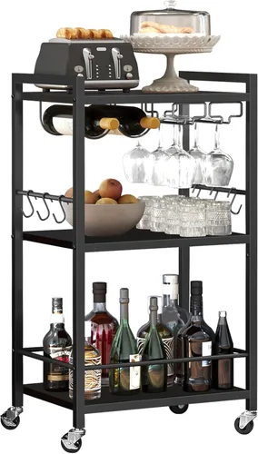 TUTOTAK Carrito de bar, carrito de servicio para bar casero, carrito para microondas, carrito de bebidas, estante de cocina móvil con botellero y