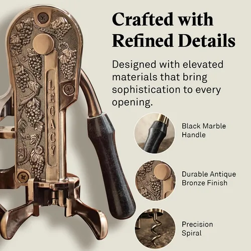 Miniatura 3 de Sacacorchos Wine Enthusiast Legacy – Abridor de vino duradero con mango de mármol negro y construcción de metal sólido - Eliminación de corcho