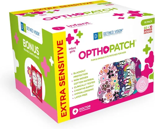 Opthopatch Parches oculares para bebés – Adhesivo extra sensible – Diseño para niñas [Serie I] – 70 unidades + 2 gráficos de recompensa