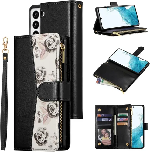 Miniatura 10 de UEEBAI Funda tipo cartera para Samsung Galaxy S22 Ultra 5G, piel sintética con cierre magnético, bolsillo con cremallera, ranuras para tarjetas