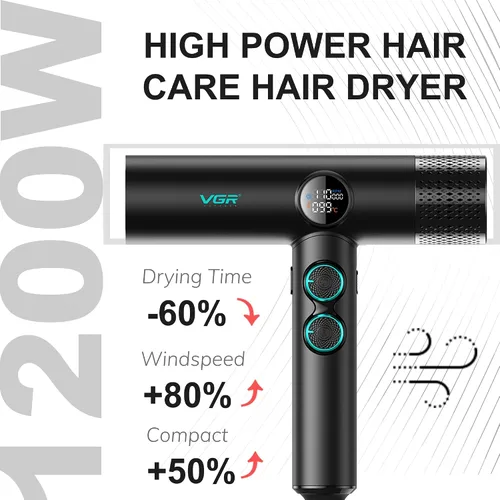 Miniatura 2 de VGR Secador de pelo iónico negativo 401, secador profesional de motor BLDC para secado rápido, pantalla LED, termo de bajo ruido y secador de pelo