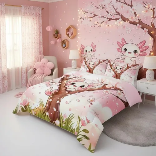 Miniatura 41 de QOOMO Juego de edredón de 3 piezas con diseño de mariposa de dibujos animados, tamaño individual, bonito juego de ropa de cama con lazo