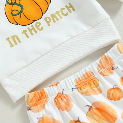 Miniatura 4 de Ropa de invierno para bebé niña, sudadera de cuello redondo con diseño de calabaza, pantalones deportivos de flores, diadema para niños pequeños