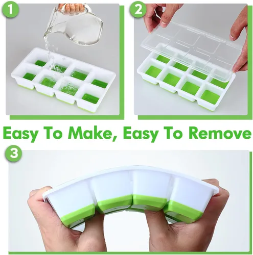 Miniatura 5 de Bandejas grandes para cubitos de hielo con tapa, paquete de 2 moldes apilables de silicona para congelador, fácil liberación, 16 bandejas de hielo