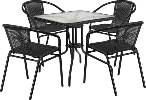 Miniatura 13 de Flash Furniture Mesa cuadrada de metal de vidrio de 28 pulgadas con borde de ratán gris y 4 sillas apilables de ratán gris Transparente/Gris