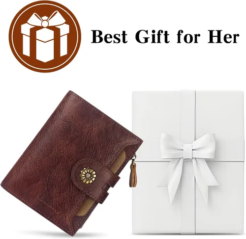 Miniatura 7 de Cartera de cuero con doble pliegue para mujer, bloqueo RFID, tarjetero compacto, cartera pequeña con ventana para identificación extraíble, Retro