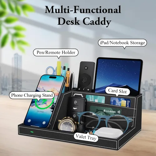 Miniatura 6 de TopMade Organizador de mesita de noche de escritorio con cargador inalámbrico, soporte de cuero para bolígrafos, accesorios de oficina, estación