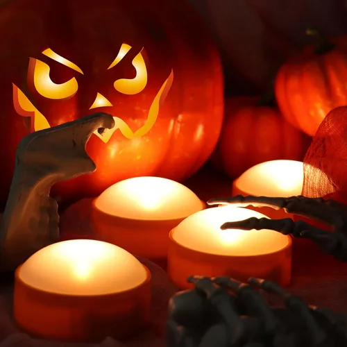 Miniatura 5 de Paquete de 4 luces de calabaza de Halloween con control remoto/temporizador, velas LED que funcionan con pilas, luces naranjas sin llama, velas