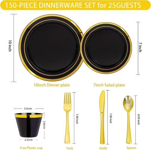Miniatura 6 de WELLIFE Juego de vajilla desechable de 150 piezas, color negro y dorado, platos de plástico para fiestas, incluye 25 platos de ensalada, vasos