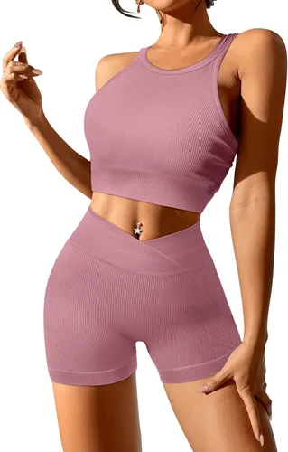 Miniatura 2 de JZC Conjuntos de entrenamiento para mujer, 2 piezas, acanalados, sin costuras, pantalones cortos de cintura alta, trajes de yoga