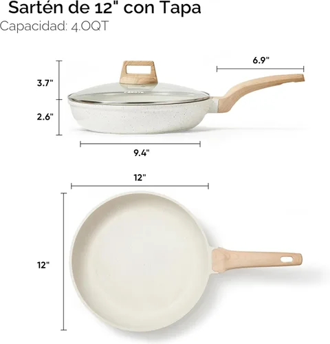 Miniatura 2 de CAROTE - Sartén antiadherente de 12 pulgadas con tapa, sartén de granito blanco sin pegajosidad, sartenes para tortillas, sartén de huevos