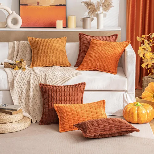 Miniatura 7 de MIULEE - Juego de 2 fundas de almohada decorativas de terciopelo de pana, naranja quemado, para otoño, suaves, a rayas, con borde ancho, decoración