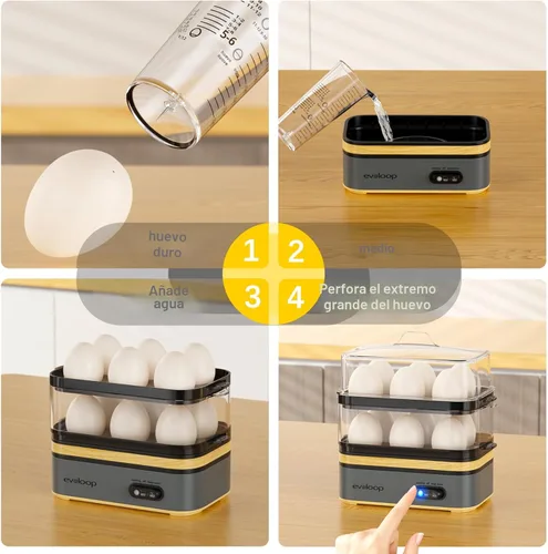 Miniatura 6 de Evoloop Olla rápida de huevos eléctrica con capacidad para 12 huevos, para huevos suaves, medianos, duros, escalfados, fabricante de tortilla, Gris