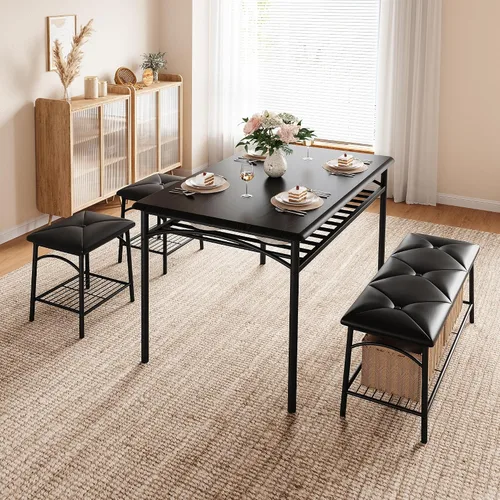 Miniatura 2 de IDEALHOUSE Juego de 4 mesas de comedor para 4, mesa de cocina con banco de comedor tapizado y taburetes cuadrados, juego de comedor para 4 personas